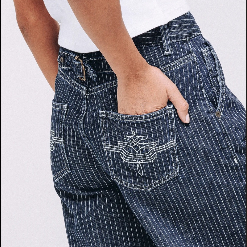 Navy Striped Women's Straight Leg Jeans 6 short